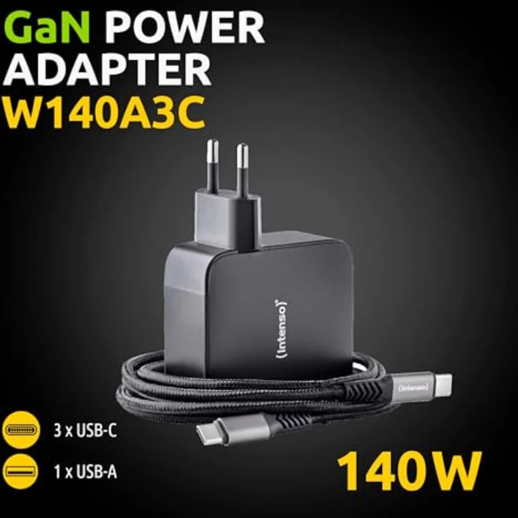 Intenso Power Adapter W140A3C GaN Set, 3xUSB-C Netzteil mit bis zu 140 Watt und USB-C zu C Daten+Ladekabel und GaN-Technologie, Mfi-Zertifiziert, weiß – Bild 4