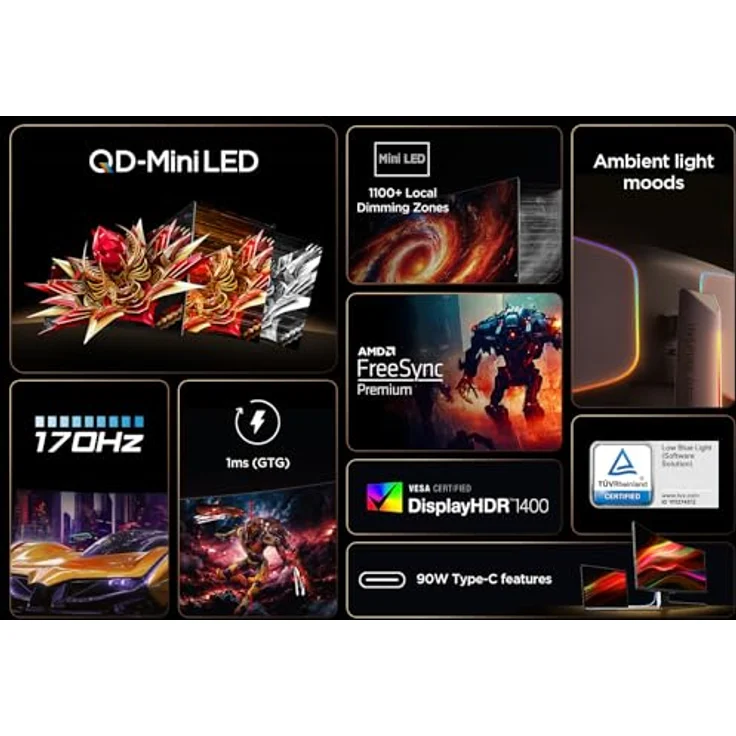 TCL 34R83Q, MiniLED-Monitor mit 1100 Zonen und WQHD 170 Hz, Schwarz – Bild 5