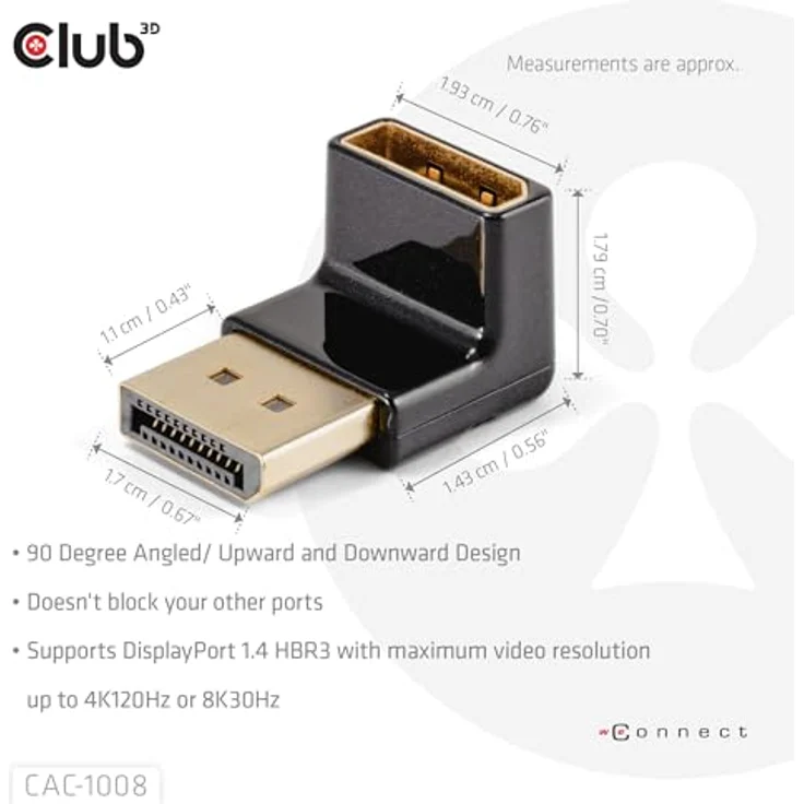 Club3D CAC-1008 DisplayPort Adapter, 90 Grad abgewinkelt, 4K120Hz M/F, Schwarz – Bild 3