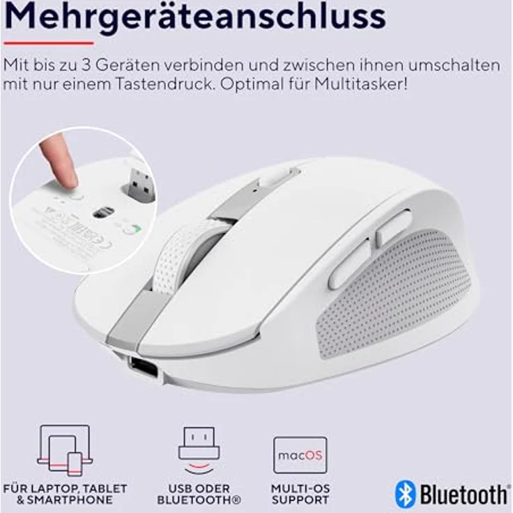 Trust Ozaa Leise Kabellose Maus Bluetooth + 2.4GHz, Kompakte Mehrgeräte Funkmaus, 60% Recyclingkunststoff, Wiederaufladbare Bluetooth Maus Laptop PC Computer Windows Android Mac - Weiß – Bild 3