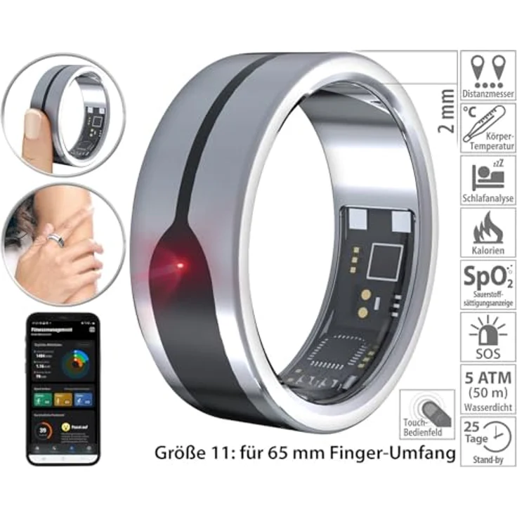 Newgen Medicals Ring Schlafüberwachung, Fitnesstracker-Ring mit Herzfrequenz- & SpO2-Anzeige, 2 mm, Silber, Gr.65, wasserdicht bis 5 ATM, Touch-Funktion, SOS-Alarm – Bild 3