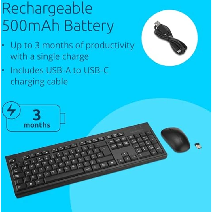 Kensington KM270 EQ Set Wiederaufladbare kabellose Full-Size Tastatur und Maus, spritzwassergeschützt, 2,4 GHz & BT 5.0, Schwarz – Bild 4