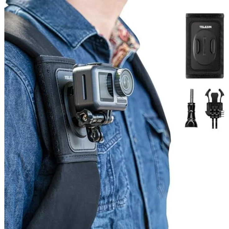 TELESIN Rucksack Schultergurt Halterung für GoPro Hero 13/12/11/10, DJI Osmo 360/Action, Insta360 X5, mit verstellbarem Schulterpolster, J-Haken und Gurthalter-Befestigungssystem, Action Kamera Zubehör – Bild 1