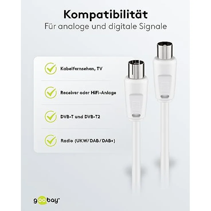 Goobay 50125 Antennenkabel, Vernickelte Koax-Stecker auf Koax-Buchse, Koaxialkabel geeignet für TV, HDTV, Radio, DVB-T2, DVB-S, DVB-S2, DVB-C, L, 2-fach geschirmt, 70 dB, 75 Ohm, 20m, weiß – Bild 5