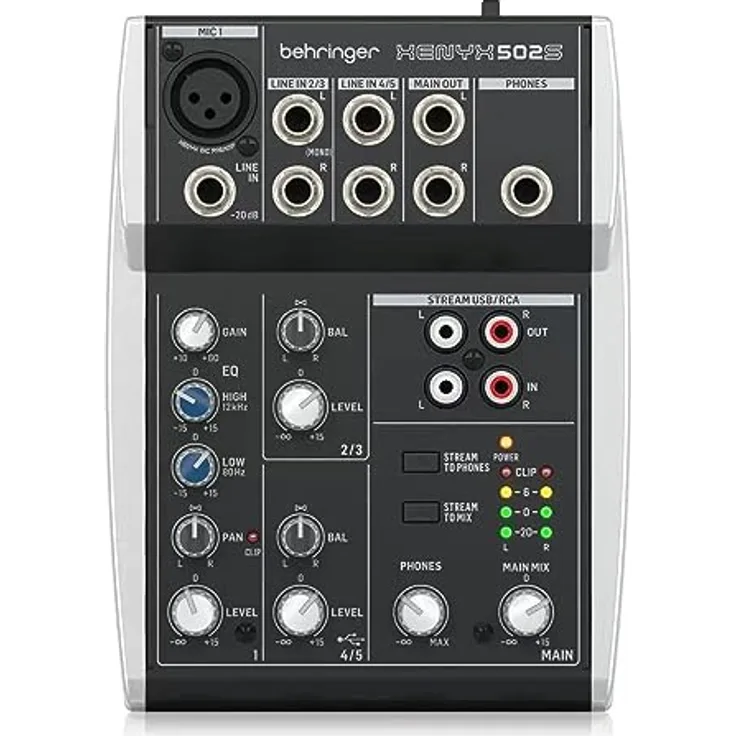 Behringer XENYX 502S Premium-Analogmixer mit 5 Eingängen und USB-Streaming-Schnittstelle, Schwarz