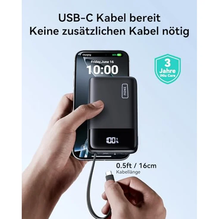 INIU 45W Power Bank, 20000mAh Klein Powerbank mit Integriertem USB-C Kabel, Minigröße Externe Handyakkus USB-C In&Out, Klein Aber Stark für iPhone 16 15 14 13 Laptop Samsung Xiaomi Redmi iPad etc – Bild 2