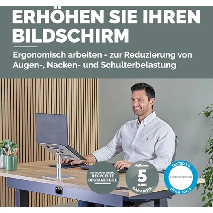 Fellowes Alumia™ Laptopständer, ergonomisch höhen- & neigungsverstellbar aus recyceltem Aluminium, platzsparend, Silber – Bild 2