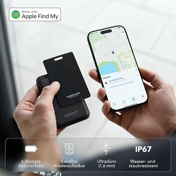 VONMÄHLEN FindMe Bluetooth Tracker Karte - Ultra-Slim, kabellos aufladbar, IP67 Wasser- und Staubresistent, kompatibel mit Apple Find My, ideal für Brieftaschen und Gepäck – Bild 2