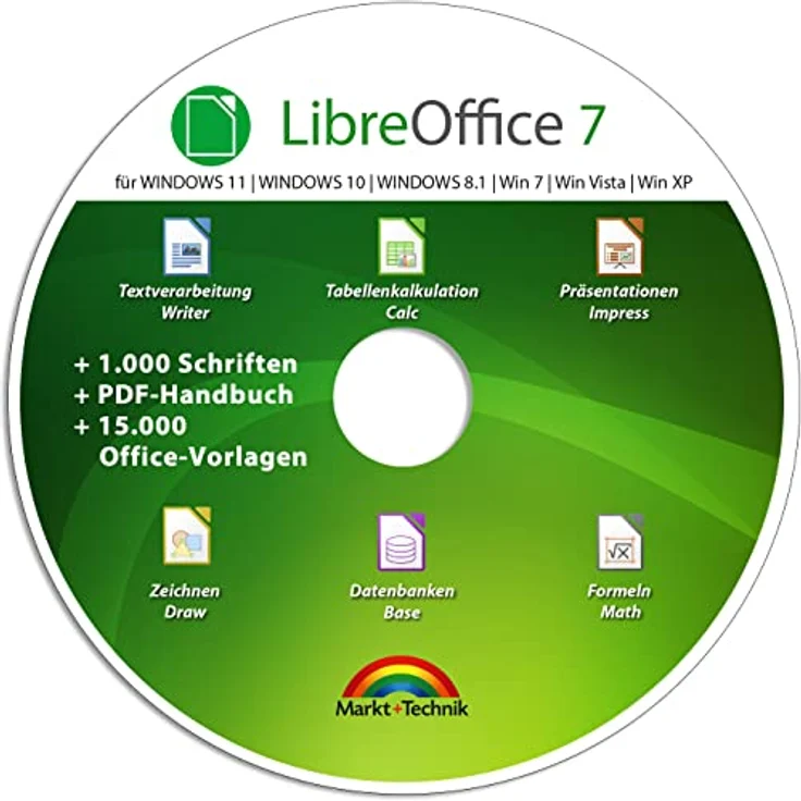 Markt + Technik Libre Office Suite 2025, kompatibel zu Word, Excel, PowerPoint - inkl. 1.000 Schriften und 260-seitigem PDF Handbuch für Windows 11, 10, 8.1, 7