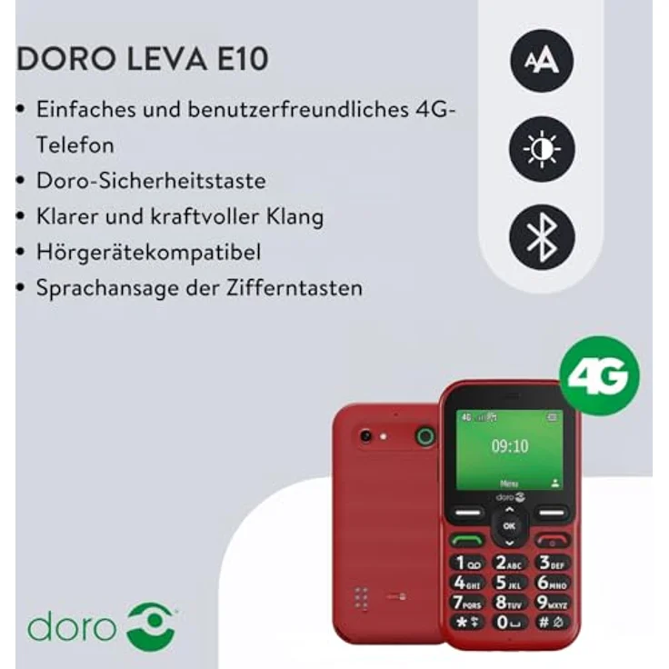 Doro Leva E10 4G Smartphone, 2.4 Zoll Display, 0,3 MP Kamera, Single SIM, rot – Bild 2