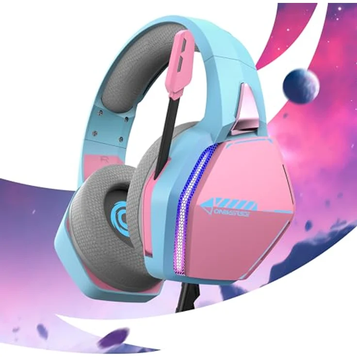 Oniverse Gaming-Headset PS5 PS4 Switch Xbox PC Mac mit verstellbarem Mikrofon, LED, Lautsprecher 50 mm, Ohrpolster aus atmungsaktivem Stoff, kabelgebunden, Nebula (Diva Pink/Rosa) – Bild 5