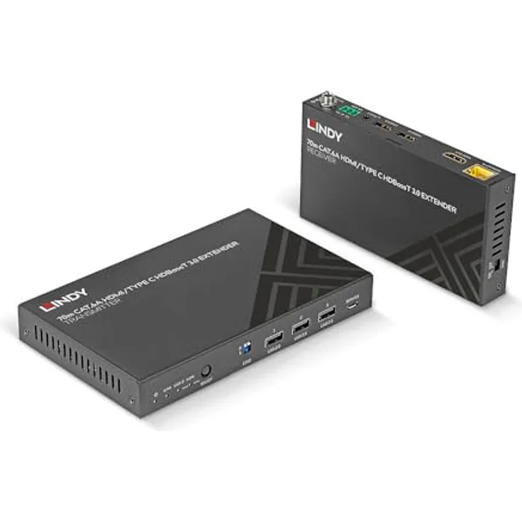 Lindy 70m Cat.6A TypeC & HDMI HDBaseT 3.0 KVM Extender (38346), 4K60 Unterstützung, HDMI und USB Anschlüsse, schwarz