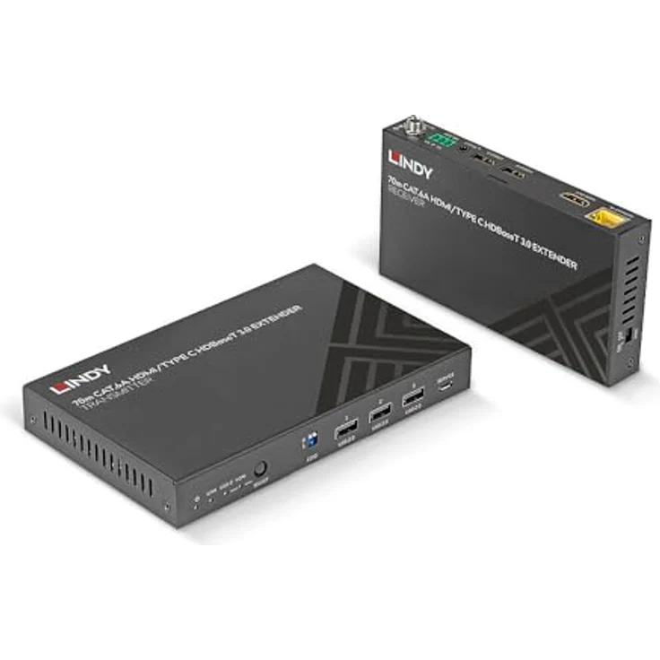 Lindy 70m Cat.6A TypeC & HDMI HDBaseT 3.0 KVM Extender (38346), 4K60 Unterstützung, HDMI und USB Anschlüsse, schwarz – Bild 1