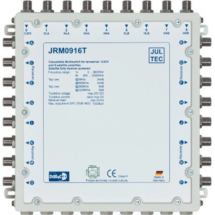 JULTEC JRM0916T 2 Satelliten Multischalter 9/16 für 16 Teilnehmer Receivergespeist ohne Strom/ Stromanschluss, Druckgussgehäuse, Neueste Generation – Bild 1