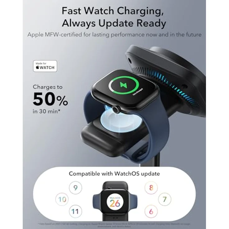 ESR 3 in 1 Ladestation für Apple Watch und iPhone, Qi2.2 25W Induktive Ladestation mit CryoBoost und MagSafe für iPhone 17/16/15/14/13/12, Schwarz, inkl. 65W Adapter – Bild 4