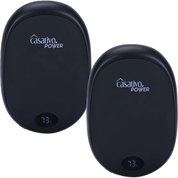 Casativo 2er-Set Zuverlässiger 2in1 USB Handwärmer mit Powerbank, 10.000 mAh, schwarz, lädt Smartphone und zeigt Akkustand an