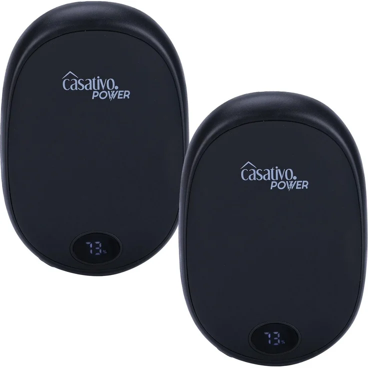 Casativo 2er-Set Zuverlässiger 2in1 USB Handwärmer mit Powerbank, 10.000 mAh, schwarz, lädt Smartphone und zeigt Akkustand an