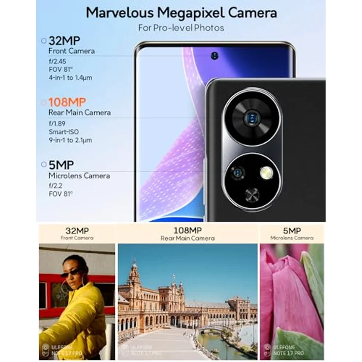 Ulefone Note 17 Pro Smartphone Ohne Vertrag, 24GB+256GB 108MP+32MP Octa Core MTK G99 6,78" FHD+ AMOLED 120Hz Handy Android 13 33W 5050mAh 4G Dual SIM Fingerabdruck ID NFC 2 Jahre Garantie - Schwarz – Bild 3