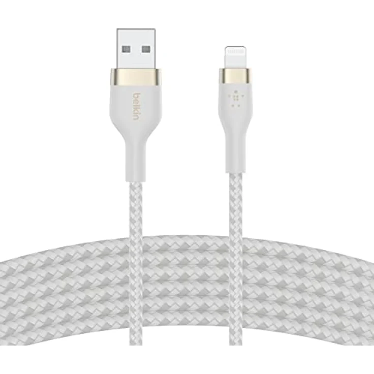 Belkin BoostCharge Pro Flex geflochtenes USB-A/Lightning-Kabel, 2 m, MFi-zertifiziertes Ladekabel für iPhone 14/14 Plus, 13, 12, Pro, Max, mini, SE, iPad und andere Geräte – Weiß – Bild 1