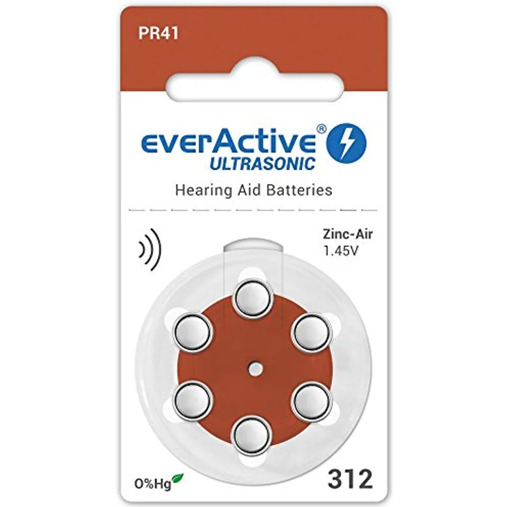 everActive 312, 6 Stück, Hörgerätebatterien, hohe Leistung, Zink-Luft-Batterien, 1 Blisterkarte, 4-jährige Haltbarkeit, braun, Ultrasonic PR41 – Bild 2
