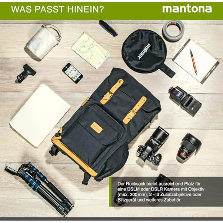 Mantona Luis Retro Fotorucksack (mit Echtleder-Applikationen, inkl. Regenschutzhülle, flexible Einteilung und Laptopfach, geeignet für 1x DSLR-Kamera, 3x Objektive und diverses Fotozubehör) schwarz – Bild 9