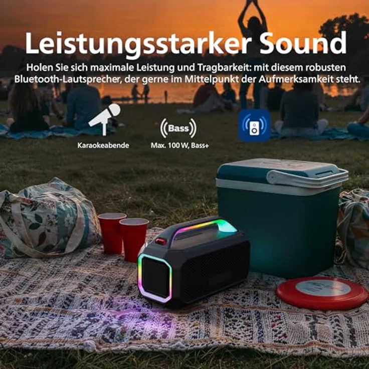 Philips TAS7000EB, Kabelloser Bluetooth-Lautsprecher mit 100 W, Bass+, LED-Lichtshow, IP67, 24 Std. Wiedergabe, Powerbank, Mikrofoneingang – Schwarz – Bild 3