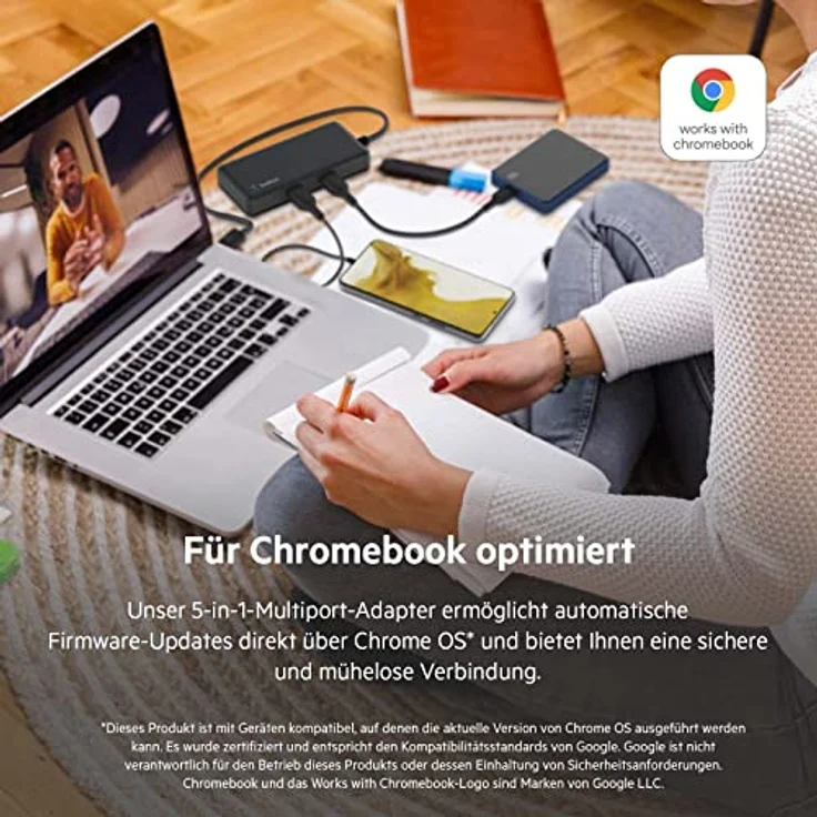 Belkin 5-in-1 Multiport-Hub-Adapter, optimiert für Chromebook mit 4K bei 60 HZ, HDMI-Port, USB-C, 86 W Power Delivery, Gigabit-Ethernet, 2 USB-A 3.1-Ports, 1. Gen., klein, tragbar, kompaktes Format – Bild 2