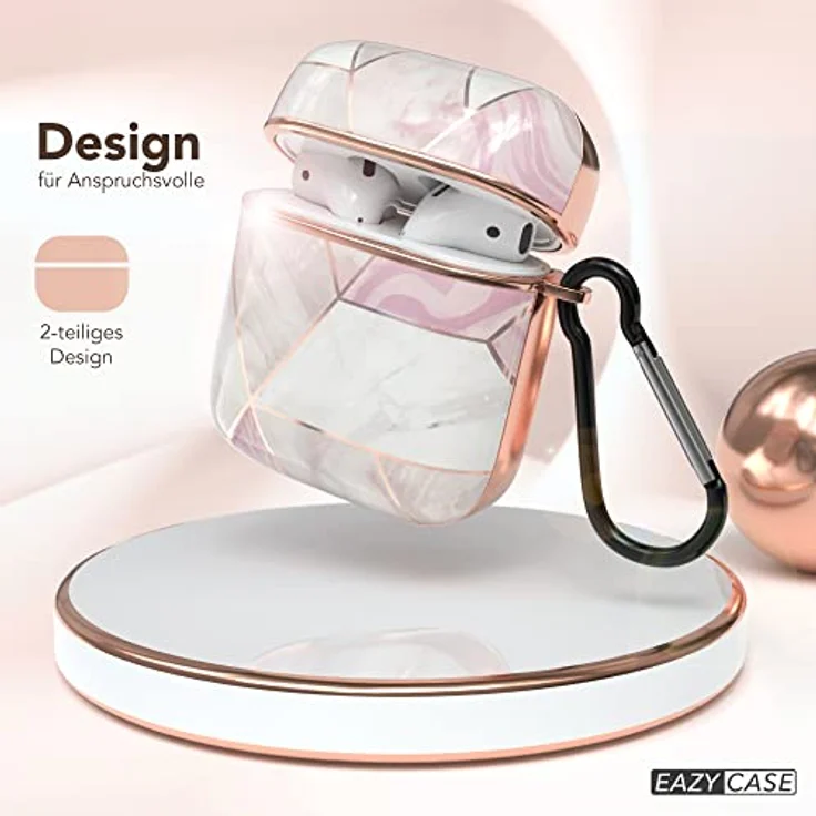 EAZY CASE Schutzhülle für AirPods 1 & 2 Hülle Pink Hard Case Stoßfest mit Karabiner rutschfest Rosé Marmor Design – Bild 2