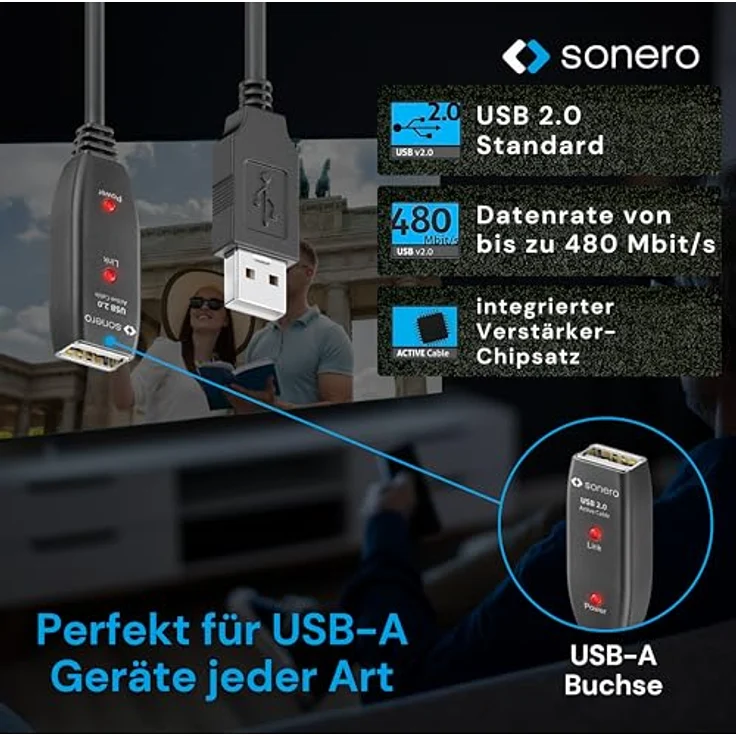 Sonero aktives USB 2.0 Verlängerungskabel mit Signalverstärker, 20m, Datenrate bis zu 480 Mbit/s – Bild 2
