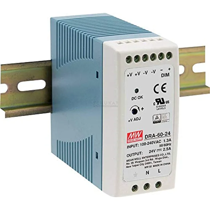 Mean Well DRA-60-12, DIN-Schaltnetzteil 60W, Eingang 90-264VAC/127-370VDC, Ausgang 12V-5A