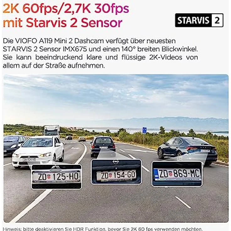 VIOFO Dashcam A119 Mini 2, Front 2,7K 5GHz Wi-Fi, 2K 60fps/HDR 30fps Sprachsteuerung, STARVIS 2 Verbesserte Nachtsicht, 1,5" LCD Versteckte Dash Cam Auto, GPS Autokamera, 24h Parkmodus, Sprachausgabe – Bild 2