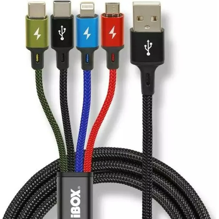 iBox Universal 4 in 1 Ladekabel IKUM4W1, 1,2 m Länge, 2 x USB C, Micro-USB A, Mehrfarbig, max. 3 A