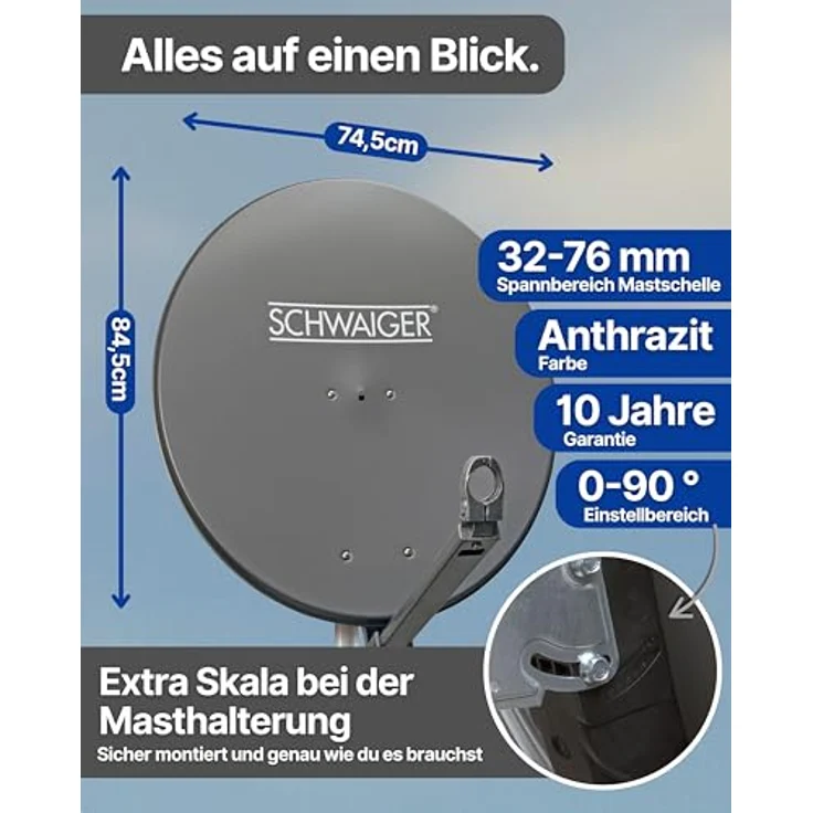 SCHWAIGER Satellitenschüssel Ø 80 cm Aluminium Offset Antenne, anthrazit, wetterfest, Multifeed geeignet, maximale Empfangsleistung 38,5 dB – Bild 5