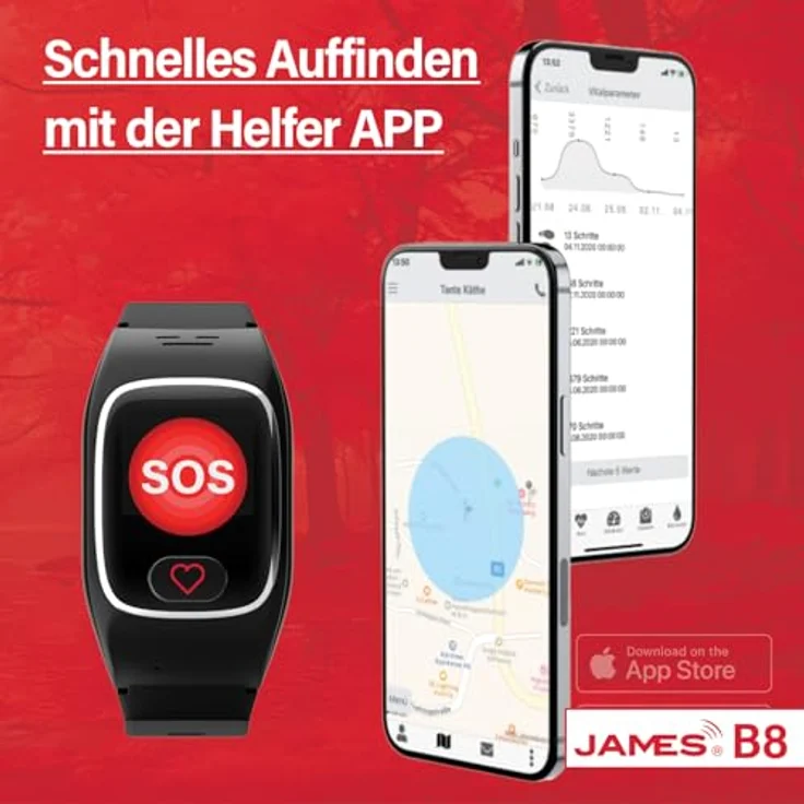 James B8 (schwarz) Notruf- und Sicherheitsuhr für Senioren, Sturzerkennung, Notruf-Knopf & GPS-Ortung, Gesundheitsfunktionen, Familien-App + SIM Karte inkludiert, Alarm – Bild 4