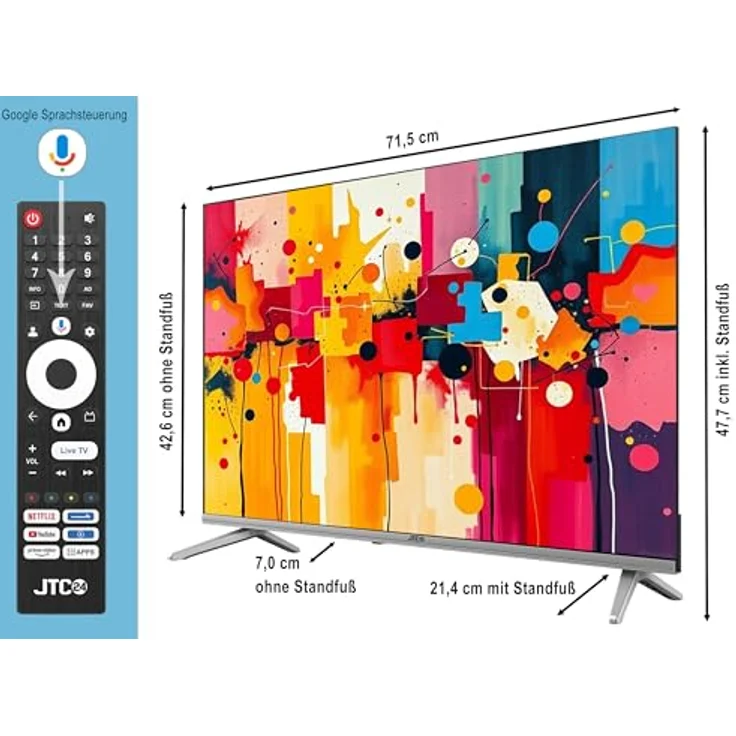 JTC-24 JTCSQ32H39330G, 32 Zoll QLED Smart Fernseher mit Android TV, Google Sprachsteuerung, Triple Tuner, Bluetooth, Rahmenlos-Silver-Design – Bild 4
