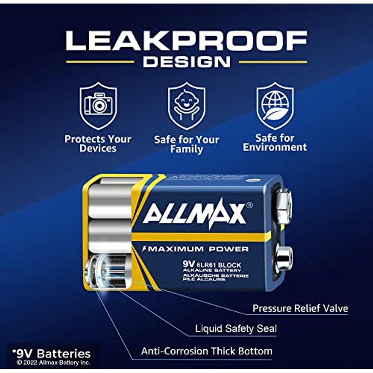 Allmax 9V Maximum Power Alkaline-Batterien (12 Stück) - Ultra-langlebig, 7 Jahre Haltbarkeit, auslaufsicheres Design - perfekt für Rauchmelder und kabellose Mikrofone (9 Volt) – Bild 4