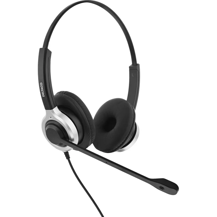 Deltaco DELO-0652, kabelgebundene Kopfhörer mit Rauschunterdrückung und Lautstärkeregler für Büro und Callcenter, USB Type-A, schwarz