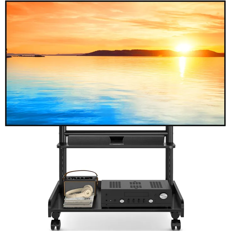 TVON Rollbarer TV Ständer, Schwarz für 40-86 Zoll Fernseher, höhenverstellbar, max. 68 kg Tragfähigkeit, VESA 600x400 mm