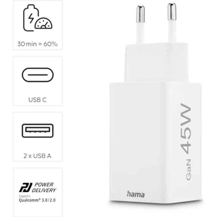 Hama Schnellladegerät USB (Ladegerät mehrfach, USB C, USB A, Handy Tablet Laptop Universal Ladegerät, Netzstecker USB Schnellladen, USB C Netzteil, Power Delivery/Quick Charge 3.0, GaN Charger, 45 W) – Bild 6