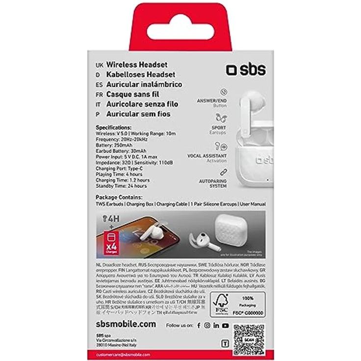 SBS Stereo Wireless Earphones, 200 mAh charging base, touch controls and micro, True Wireless In-Ear-Kopfhörer, weiß – Bild 8