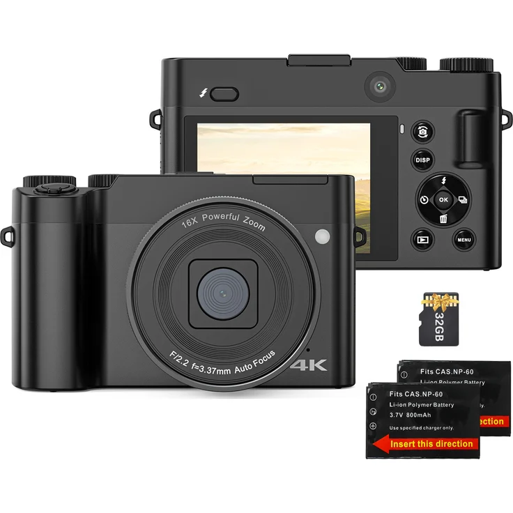 Lixada 4K-Digitalkamera, Videokamera mit 64 MP, Doppelobjektiv, 2,8 Zoll IPS-Bildschirm, 16-facher Digitalzoom, integrierter Blitz, 32 GB TF-Karte, 2 Akkus, schwarz