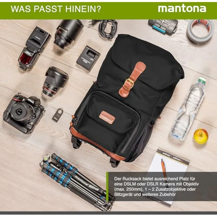 Mantona Luis junior Retro Fotorucksack (mit Echtleder-Applikationen, inkl. Regenschutzhülle, flexible Einteilung und Tablet-Fach für 1x DSLR-Kamera, 1-2 Objektive und diverses Fotozubehör) schwarz – Bild 7