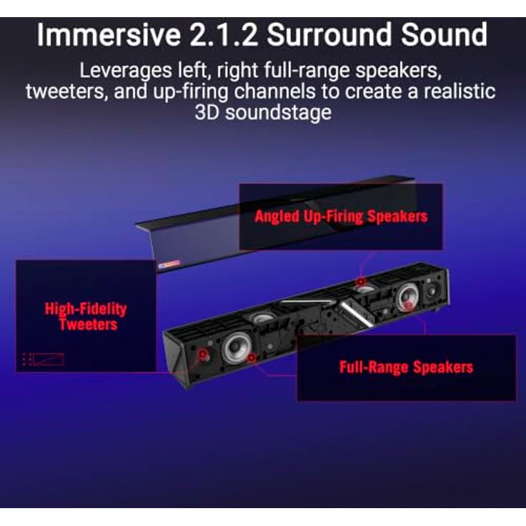 ASUS ROG Gjallar Gaming Soundbar, 2.1.2-Kanal mit kabellosem Subwoofer und Dolby Atmos®, Schwarz – Bild 3