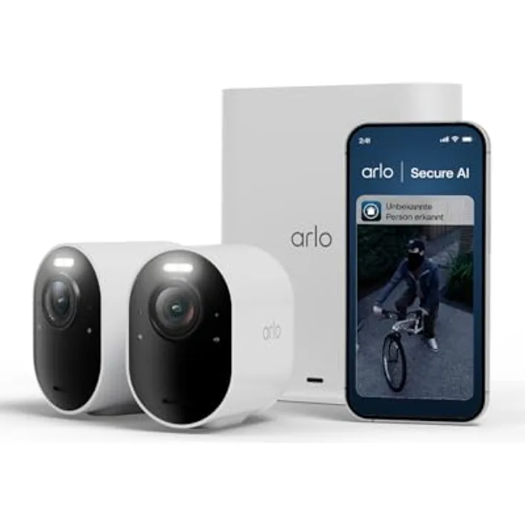 Arlo Ultra 3 Überwachungskamera Aussen, Kabellos, 4K UHD, KI-Erkennung, Auto-Tracking, Farb-Nachtsicht, 2-Kamera-Set mit Smarthub und Arlo Secure Testversion
