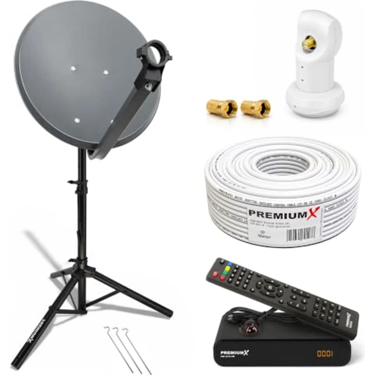 PremiumX PXS45 Camping Sat Anlage, 45cm Antenne in Anthrazit mit Hochleistungs-LNB, Kabel, Stativ und Receiver – Bild 1
