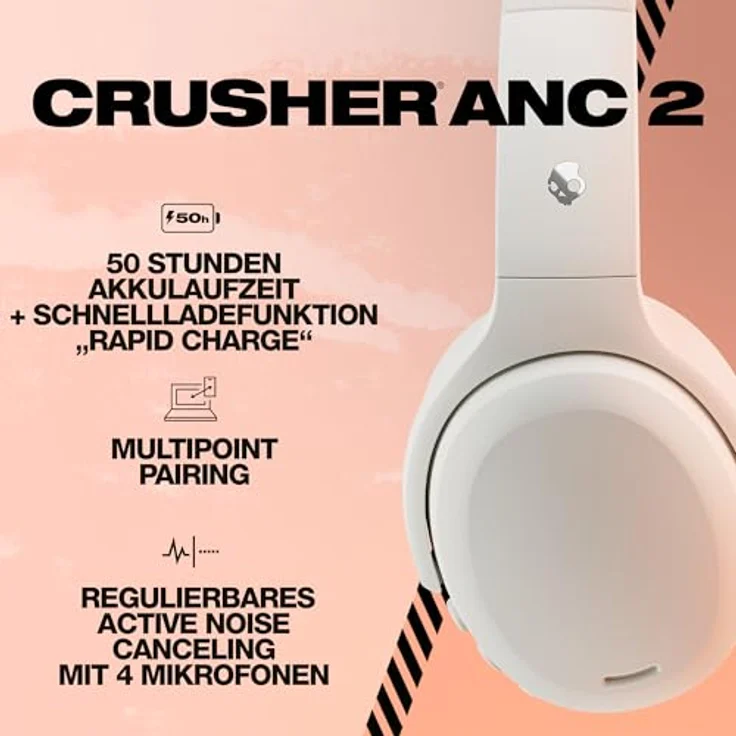 Skullcandy Crusher ANC 2 Over-Ear Noise Cancelling Wireless-Kopfhörer mit Sensory Bass, 50 Std. Akkulaufzeit, Skull-iQ, Alexa-Unterstützung, Mikro, Bluetooth-kompatibel - Bone – Bild 3