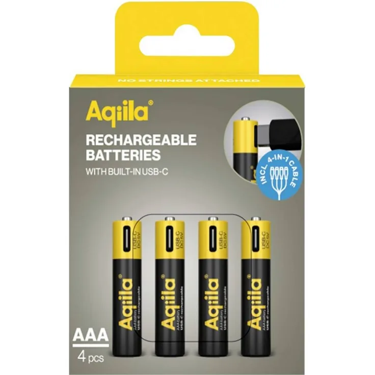 Aqiila USB-C NiMH Akku AAA 600 mAh, 4er-Pack, wiederaufladbar bis zu 1000 Ladezyklen