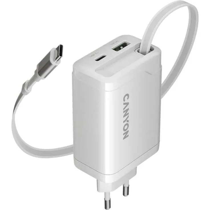 Canyon CNS-CURC65ACW 65W Ladegerät, USB-C mit Power Delivery und Quick Charge, integriertes Kabel, flammhemmendes Gehäuse, weiß
