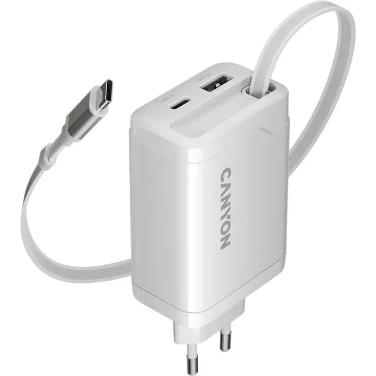 Canyon CNS-CURC65ACW 65W Ladegerät, USB-C mit Power Delivery und Quick Charge, integriertes Kabel, flammhemmendes Gehäuse, weiß