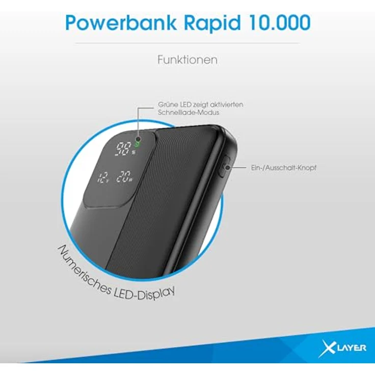 XLayer Rapid Power Bank 10.000mAh, Schnellladegerät mit USB C Input, universell kompatibel für iPhone 16/15/14/13/12 Pro Max, Samsung S25/S24, iPad, Xiaomi – Bild 4